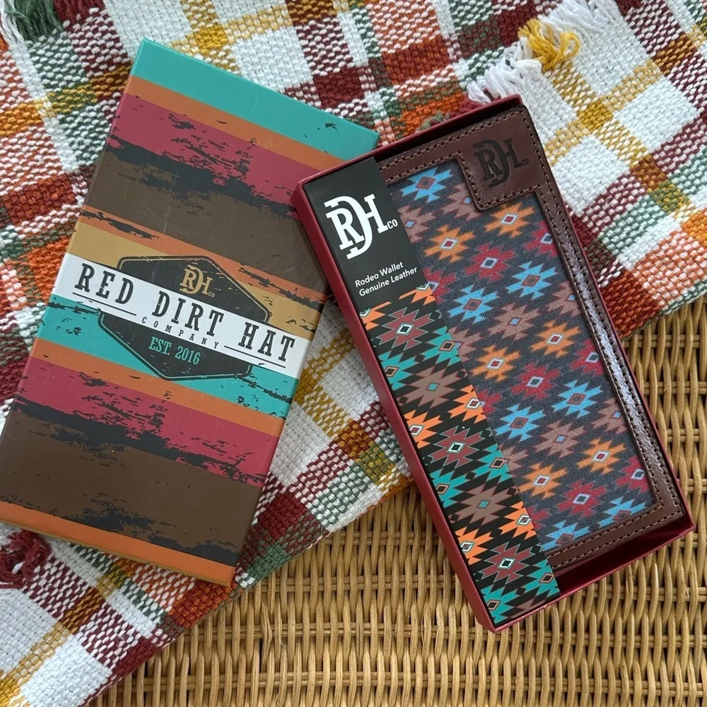 New Red Dirt Western Wallet Mens Rodeo Leather Southwestern Canvas Inlay Aztec